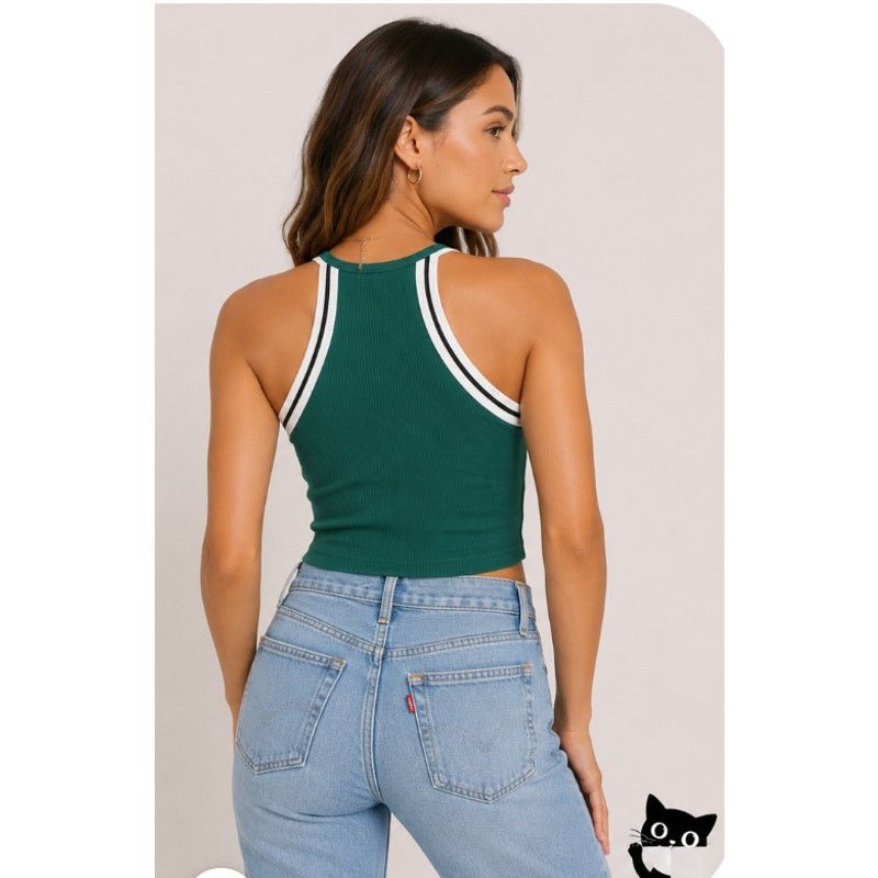 Topshop Topshop Green RibKnit White Black Stripe Trim Halter Crop 10 Size L / US 10 / IT 46 - 4 Thumbnail