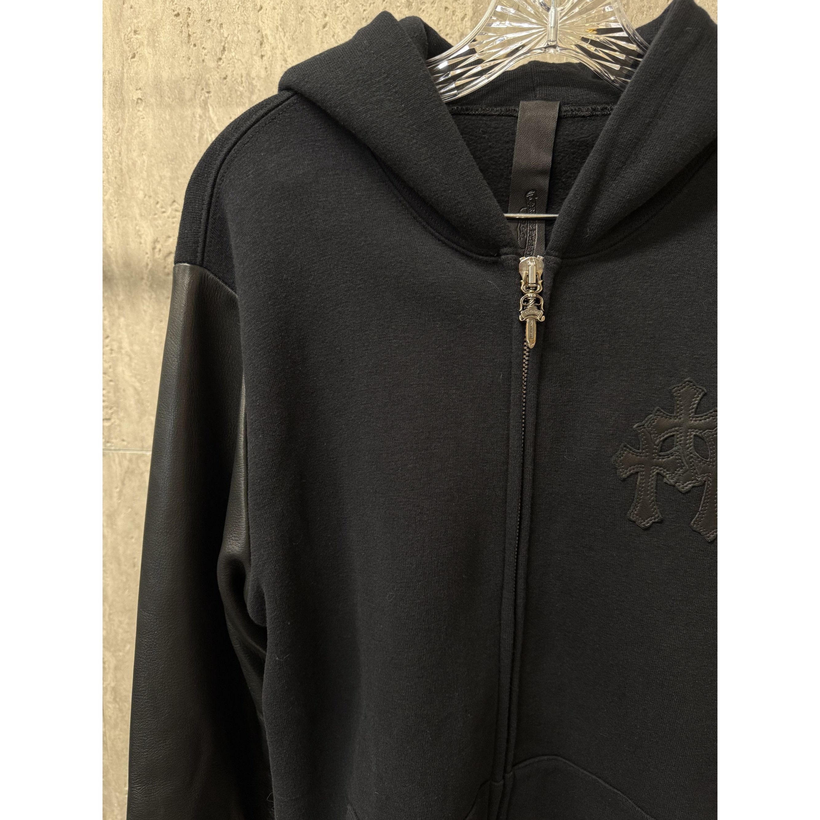 Chrome Hearts Chrome Hearts Black Hoodie W/ Leather Sleeves & Gothic Cross Size L / US 10 / IT 46 - 11 Thumbnail