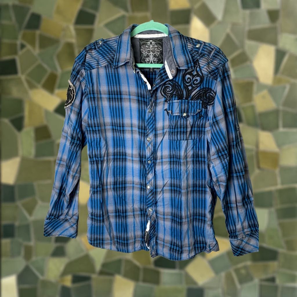 Roar Roar Benson Shirt Mens Large Blue Plaid Embroidered Zip Snap Button-Up Long Sleeve College Casual Vintage Style Fashion Grunge Rock 90s Mens Size US L / EU 52-54 / 3 - 1 Thumbnail