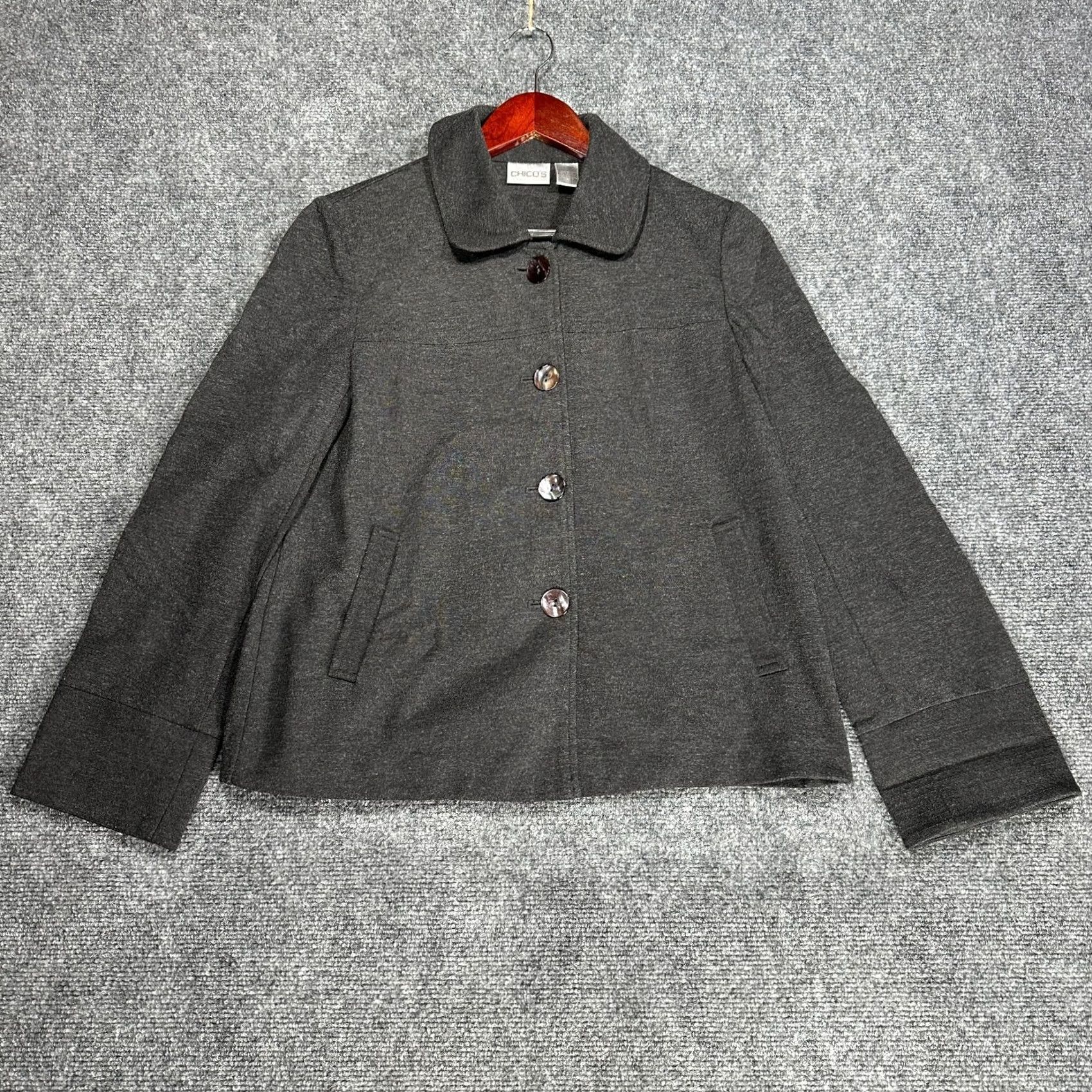Vintage Chicos Cardigan Womens S Charcoal Gray Stretch Knit Button Up Collar Pockets Size S / US 4 / IT 40 - 2 Thumbnail
