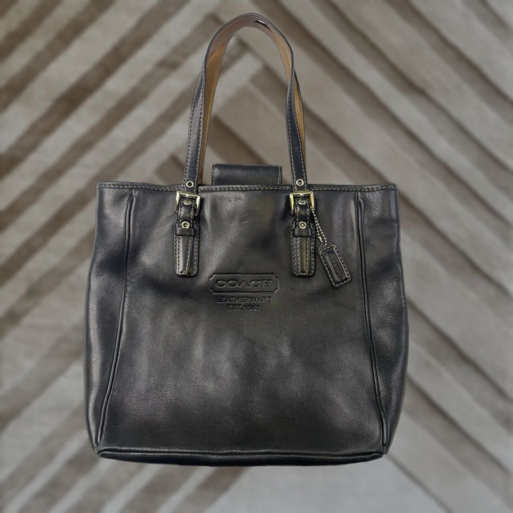 VINTAGE Coach Bag Black Leather Medium Gallery Tote Embossed Logo 90s Y2K Designer Tote Womens Bag