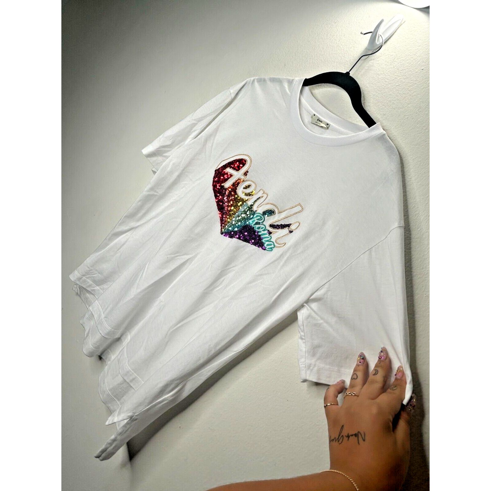 Fendi Fendi White Short Sleeve Rainbow Sequined Fendi Roma Tee L Size L / US 10 / IT 46 - 5 Thumbnail