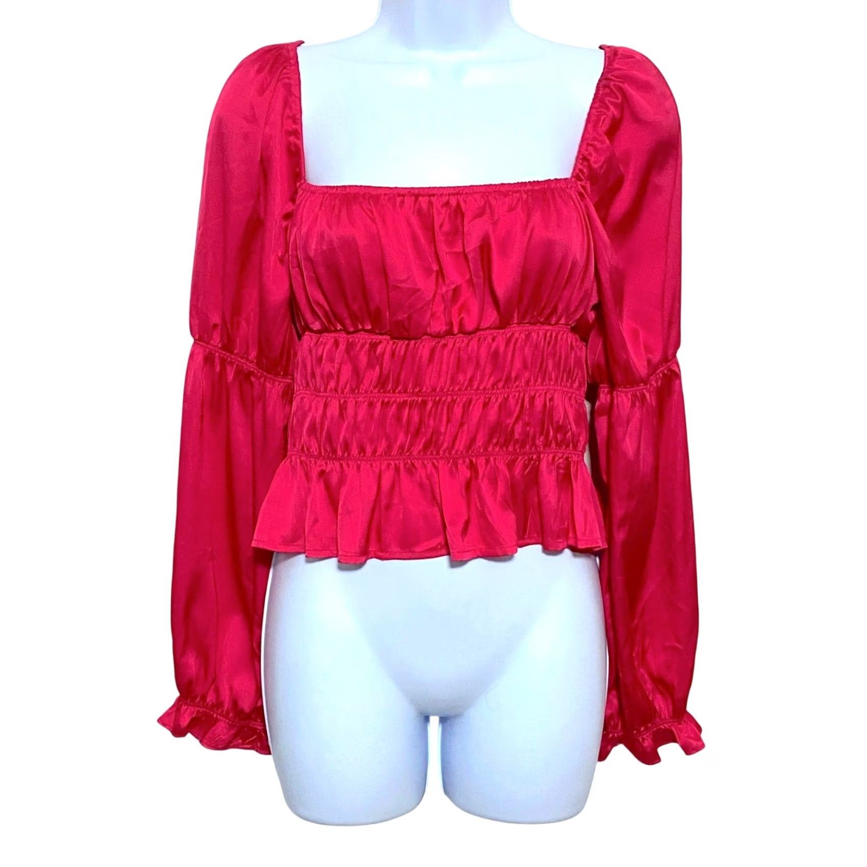 Forever 21 FOREVER 21 Blouse Shirt M Pink Peasant Ruched Long Sleeve Coquette Milkmaid Boho NWT Women Satin Regular Slim Fit Shirt Women Size M / US 6-8 / IT 42-44 - 2 Thumbnail