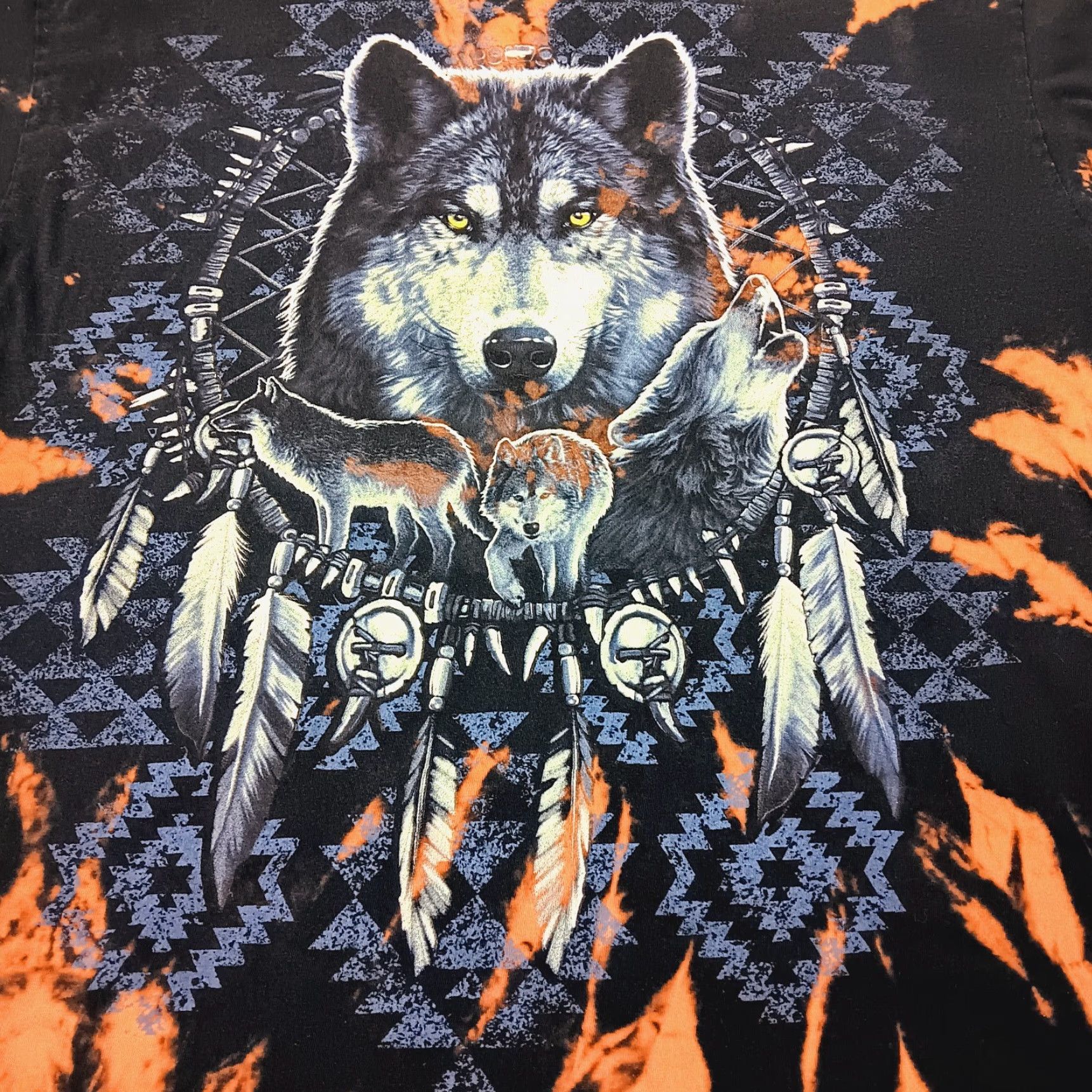 Fruit Of The Loom VINTAGE Wolf Dreamcatcher Shirt Large Bleach Dye Black Native Pack Feather Hippie Nature Size US L / EU 52-54 / 3 - 2 Thumbnail