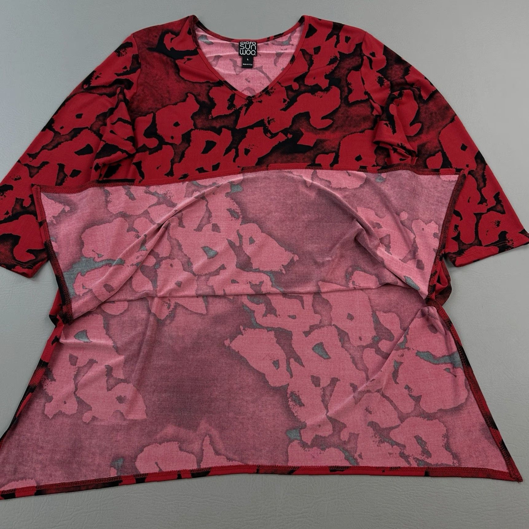 Vintage Clara Sun Woo Top Women's Large Red Black Abstract Print V Neck Tunic Casual USA Size L / US 10 / IT 46 - 6 Thumbnail