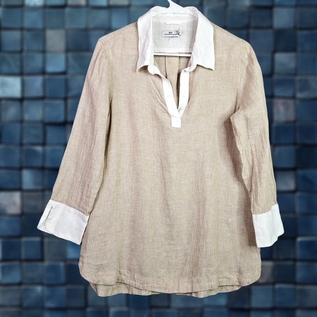 Vineyard Vines Vineyard Vines Women Blouse Tunic Beige Linen Blend Split Neck Preppy XS Size XS / US 0-2 / IT 36-38 - 1 Thumbnail