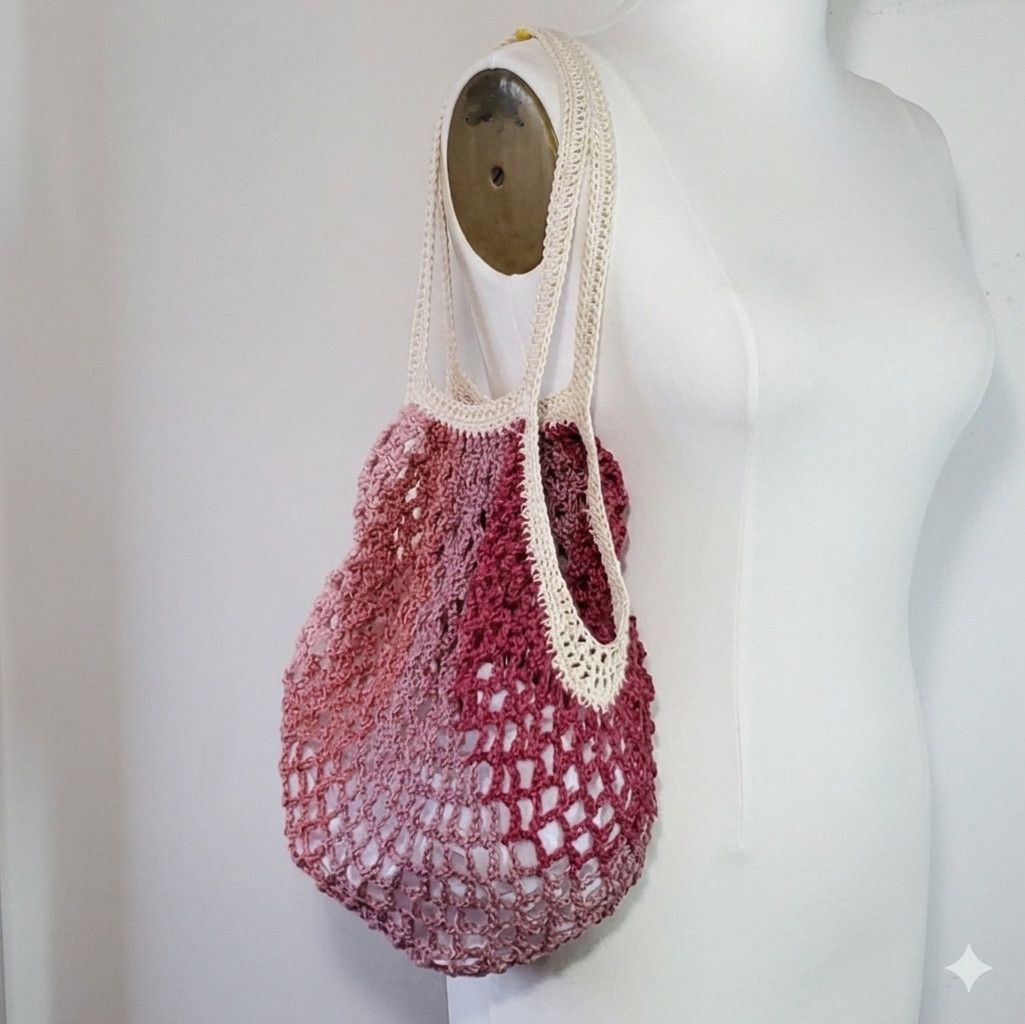 Handmade Market Bag Burgundy Handmade Crochet French Net Tote Sack Size ONE SIZE - 4 Thumbnail