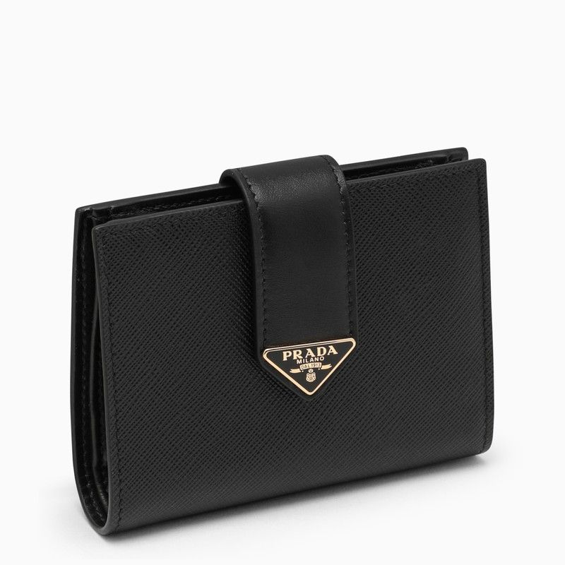 image of Prada Black Leather Buttoned Wallet, Women's