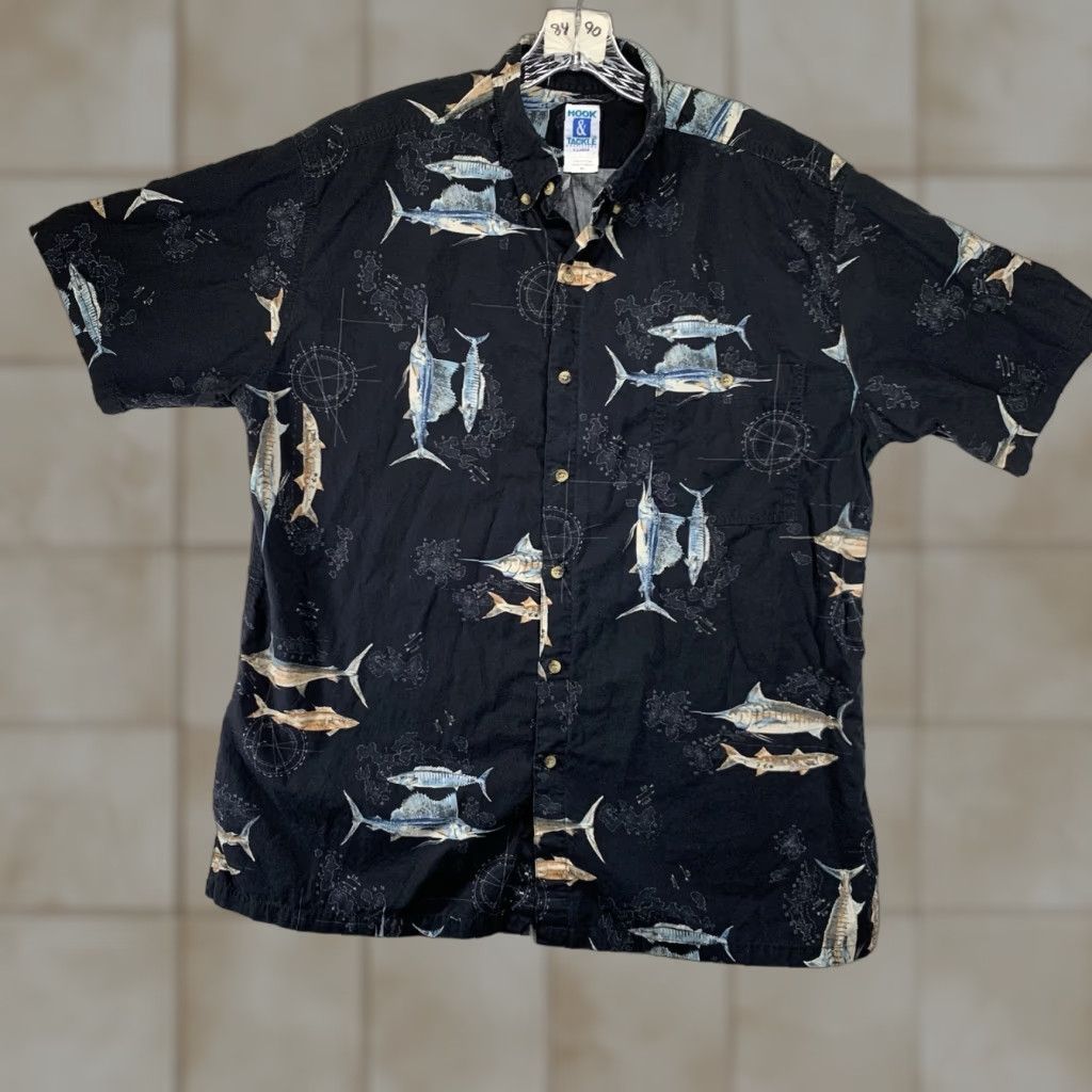 Vintage Hook & Tackle Hawaiian Shirt XL Cotton Black Deep Sea Fishing Fish 90s Mens Size US XL / EU 56 / 4 - 1 Thumbnail