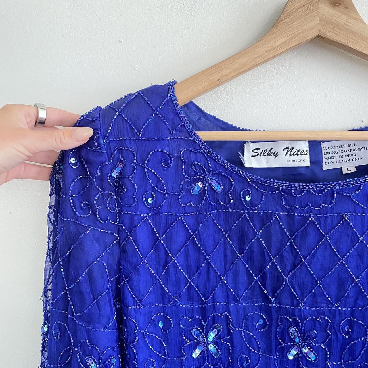 Vintage SILKY NITES VINTAGE BLUE SILK SEQUIN MINI DRESS LARGE Size L / US 10 / IT 46 - 6 Thumbnail