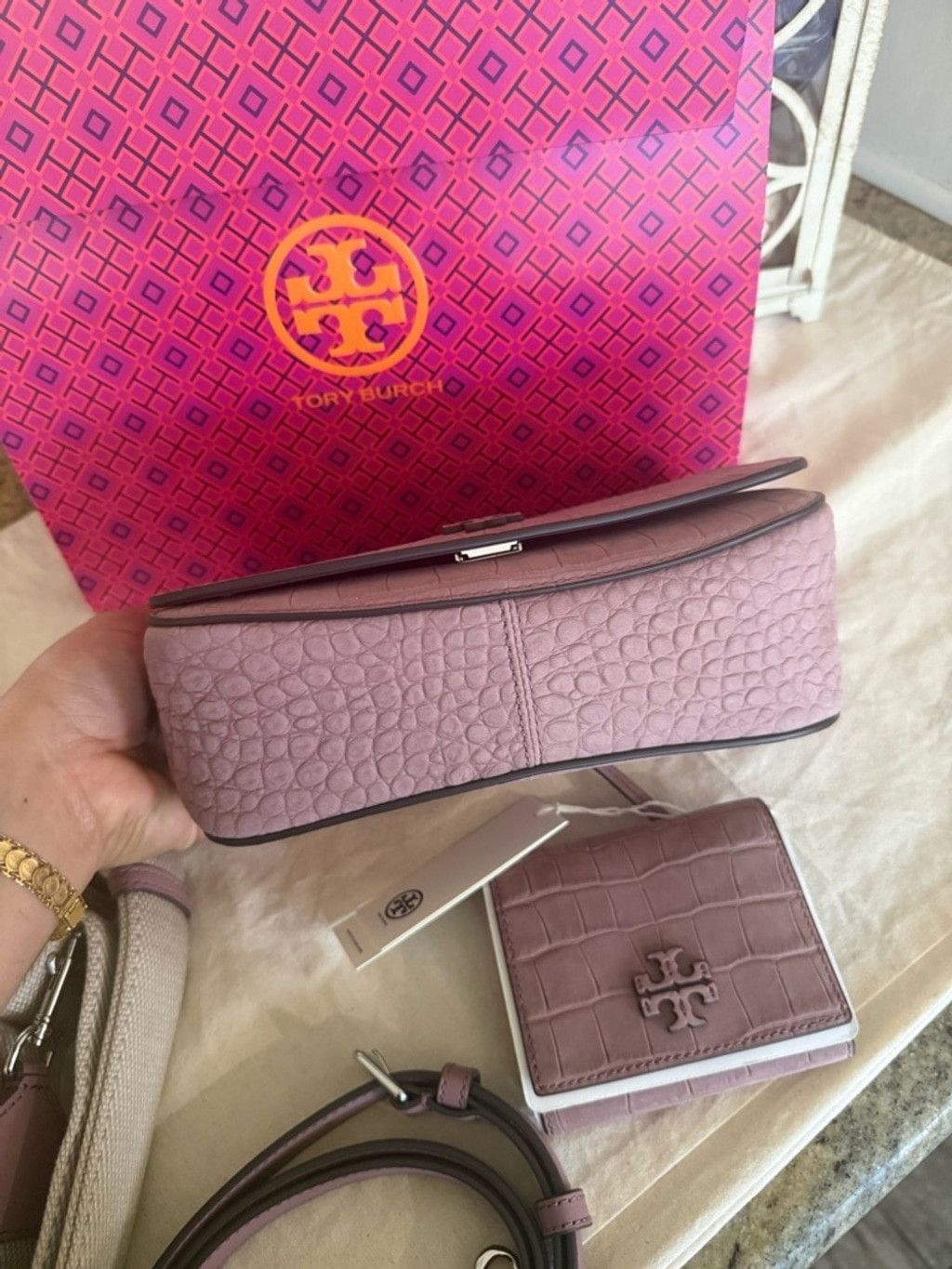 Tory Burch New Tory Burch THEA EMBOSSED SUEDE FLAP CROSSBODY Size ONE SIZE - 3 Thumbnail