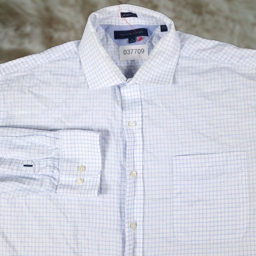 Tommy Hilfiger Tommy Hilfiger Dress Shirt Men 17 Blue White Check Button Up Long Sleeve Multi-Season Real Cotton Regular Fit Mens Size 46R - 1 Thumbnail