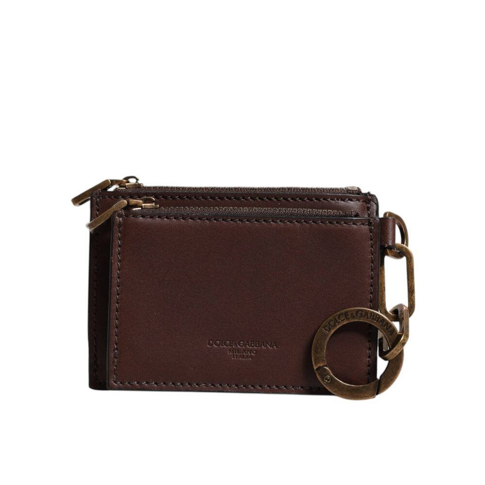 Dolce & Gabbana Brown Leather Zip Logo Keyring Coin Purse Ke