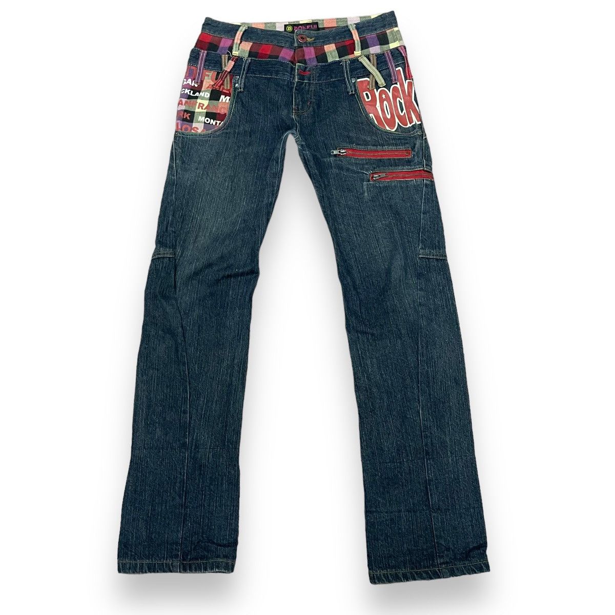 image of Beauty Beast x Ppfm Vintage Antlui Double Waist Colorblock Rock Denim Pants in Denim Blue (Size 30)