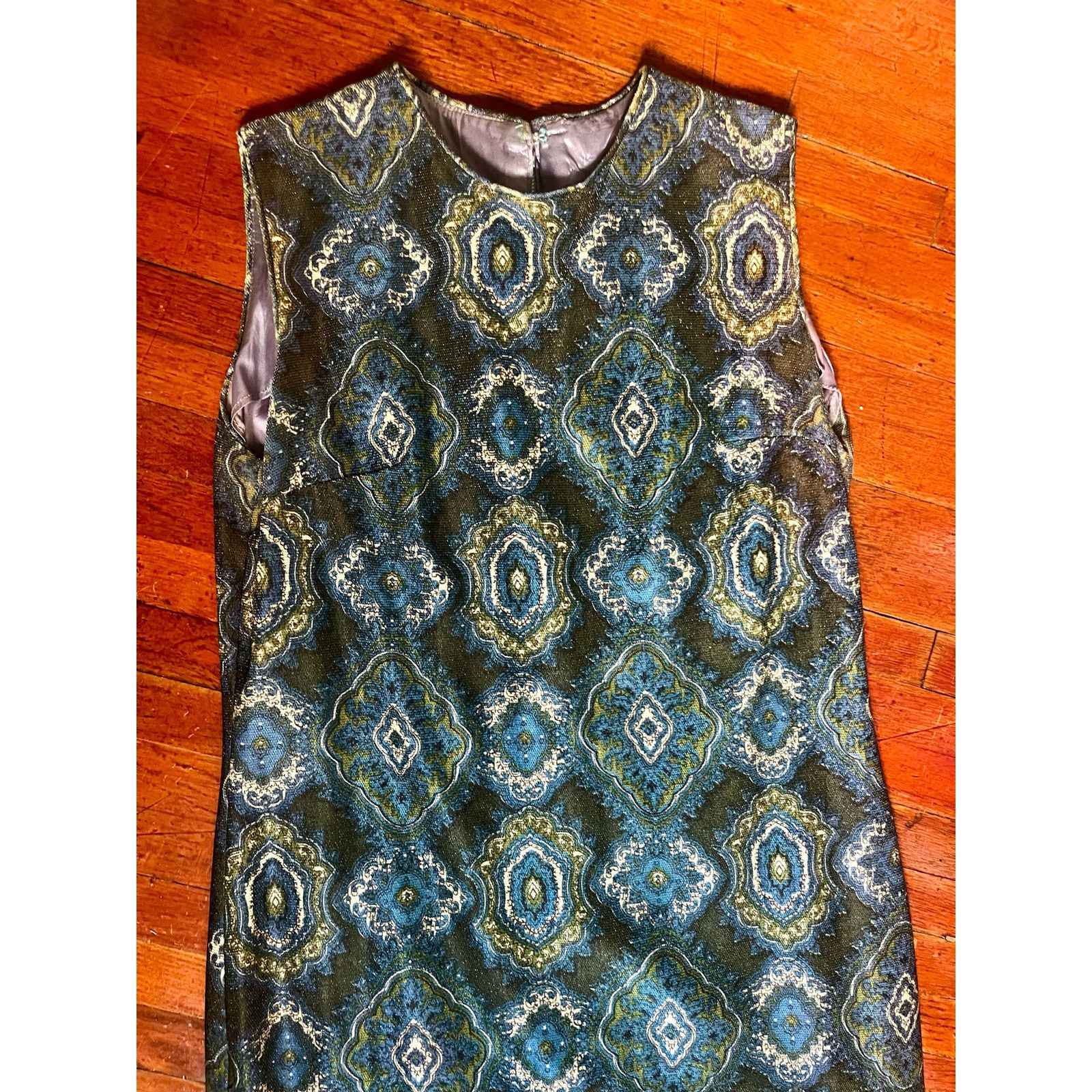Vintage Vintage 60s Green Gold Mini Shift Dress Small Cocktail Party Size S / US 4 / IT 40 - 6 Thumbnail