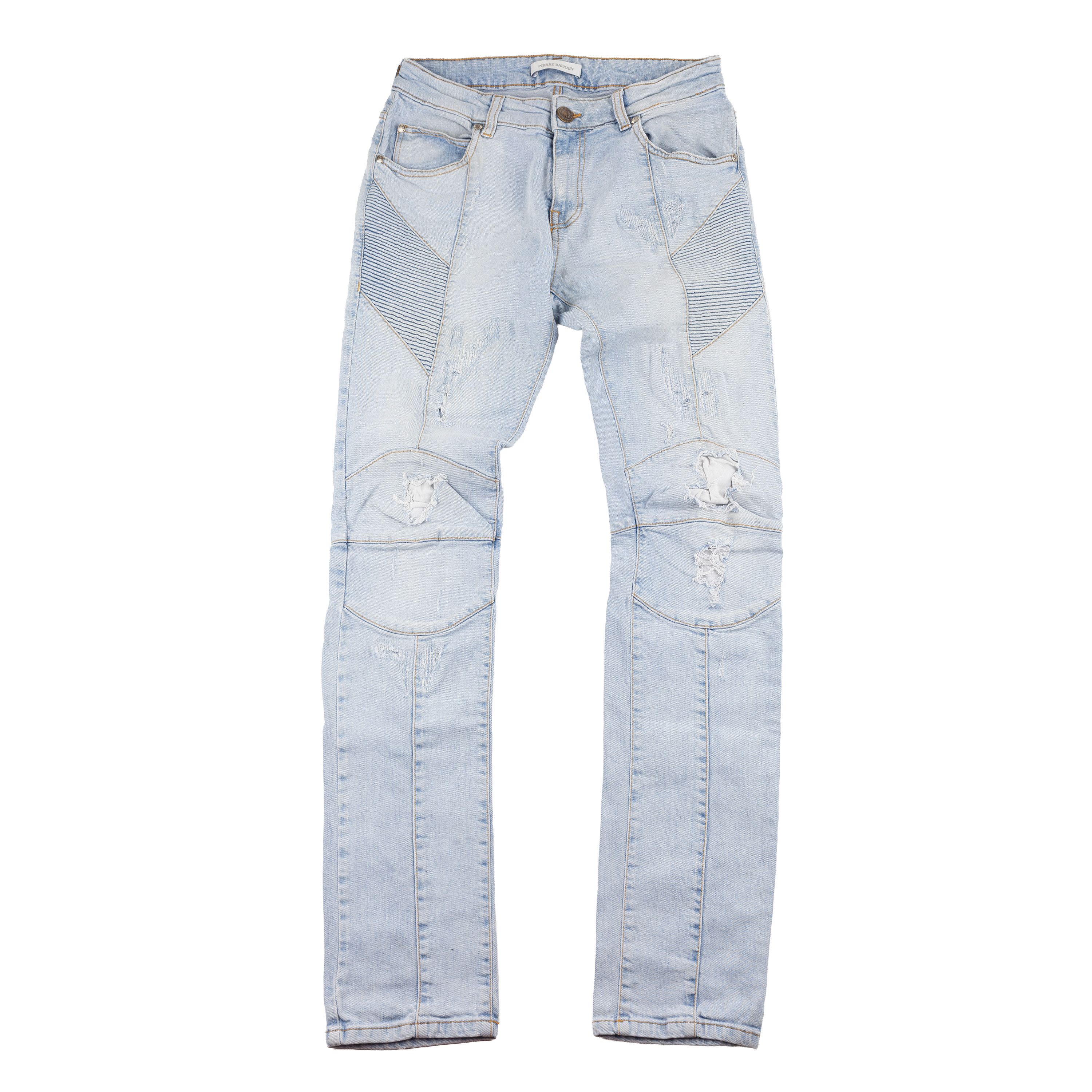 Balmain Blue Washed Destroyed Denim Biker Jeans | Grailed