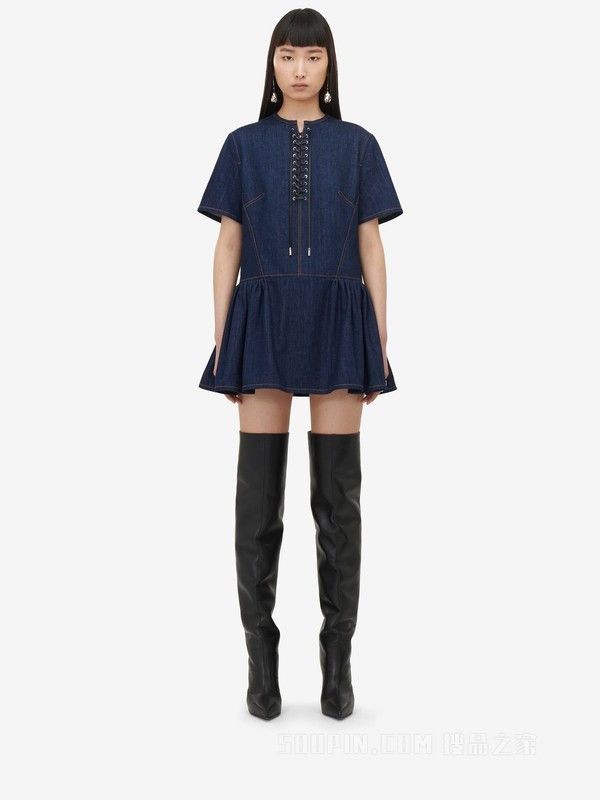 Alexander McQueen o1srvl11e0226 Lace Detail Denim Mini Dress In Blue Size L / US 10 / IT 46 - 2 Thumbnail