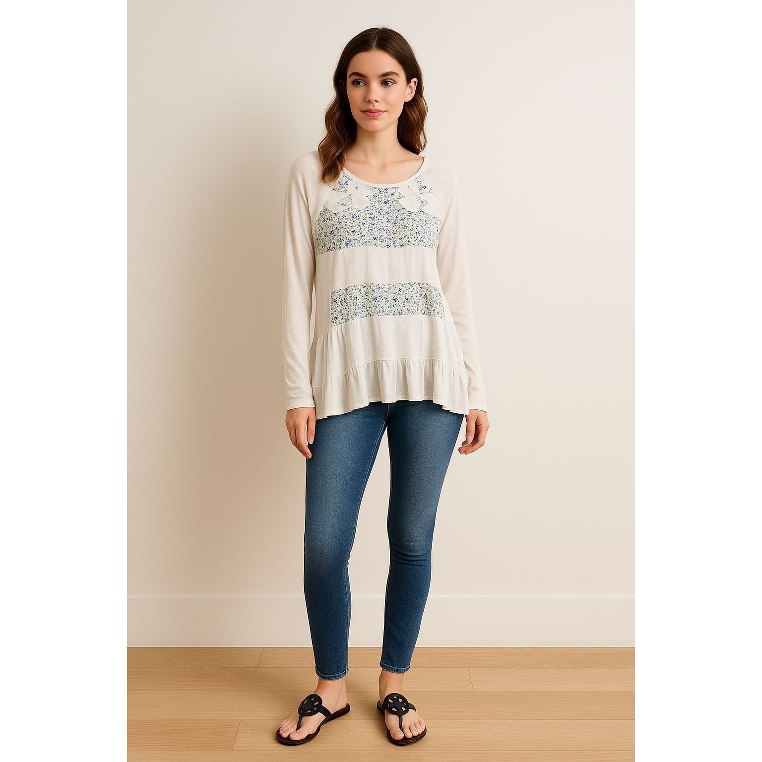 Free People Free People Soft Cream Floral Tunic Top S Cottagecore Peplum Size S / US 4 / IT 40 - 1 Thumbnail