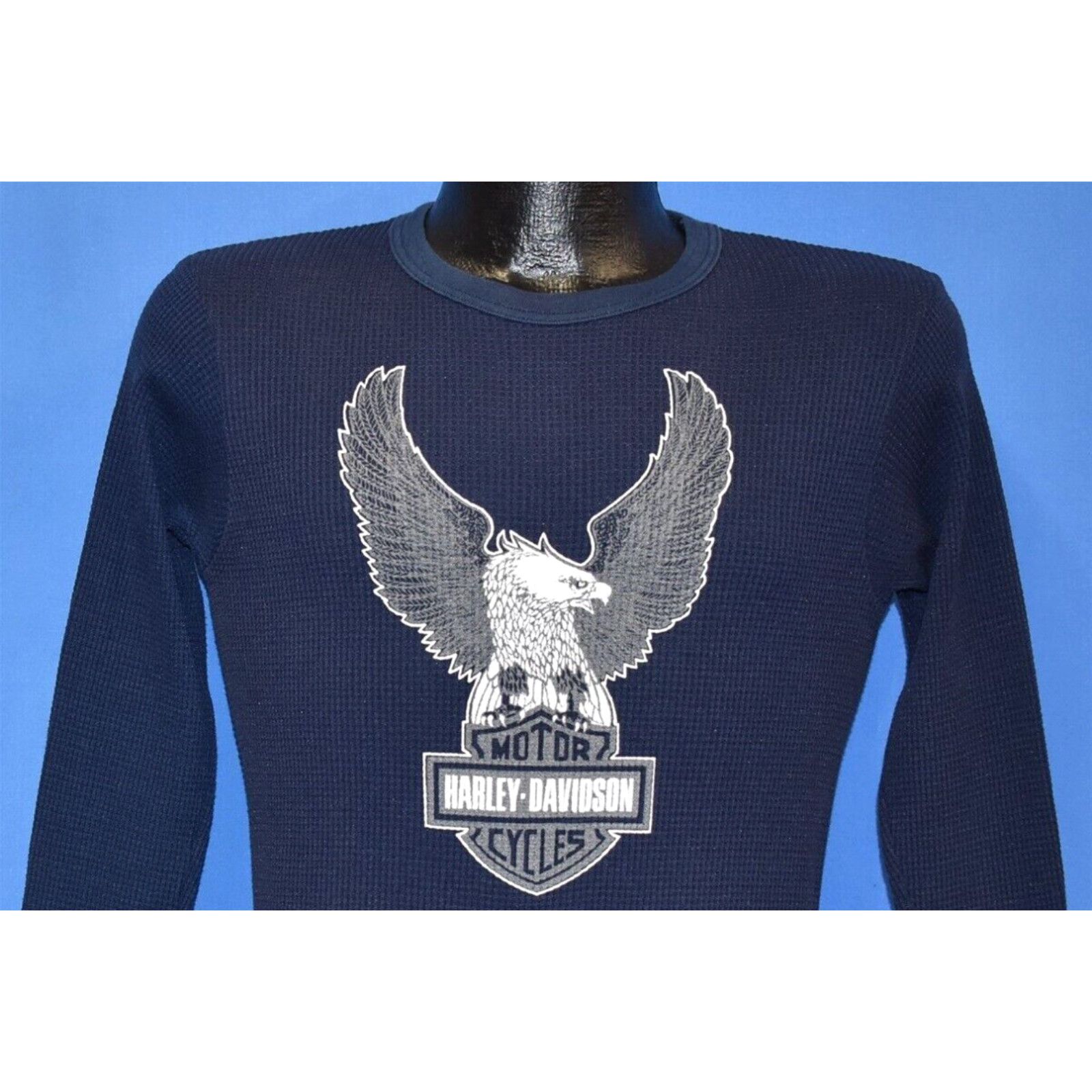 image of Fruit Of The Loom VTG 80's Harley Davidson Thermal Bald Eagle Waffle Weave Long Slv Blue T-Shirt S 