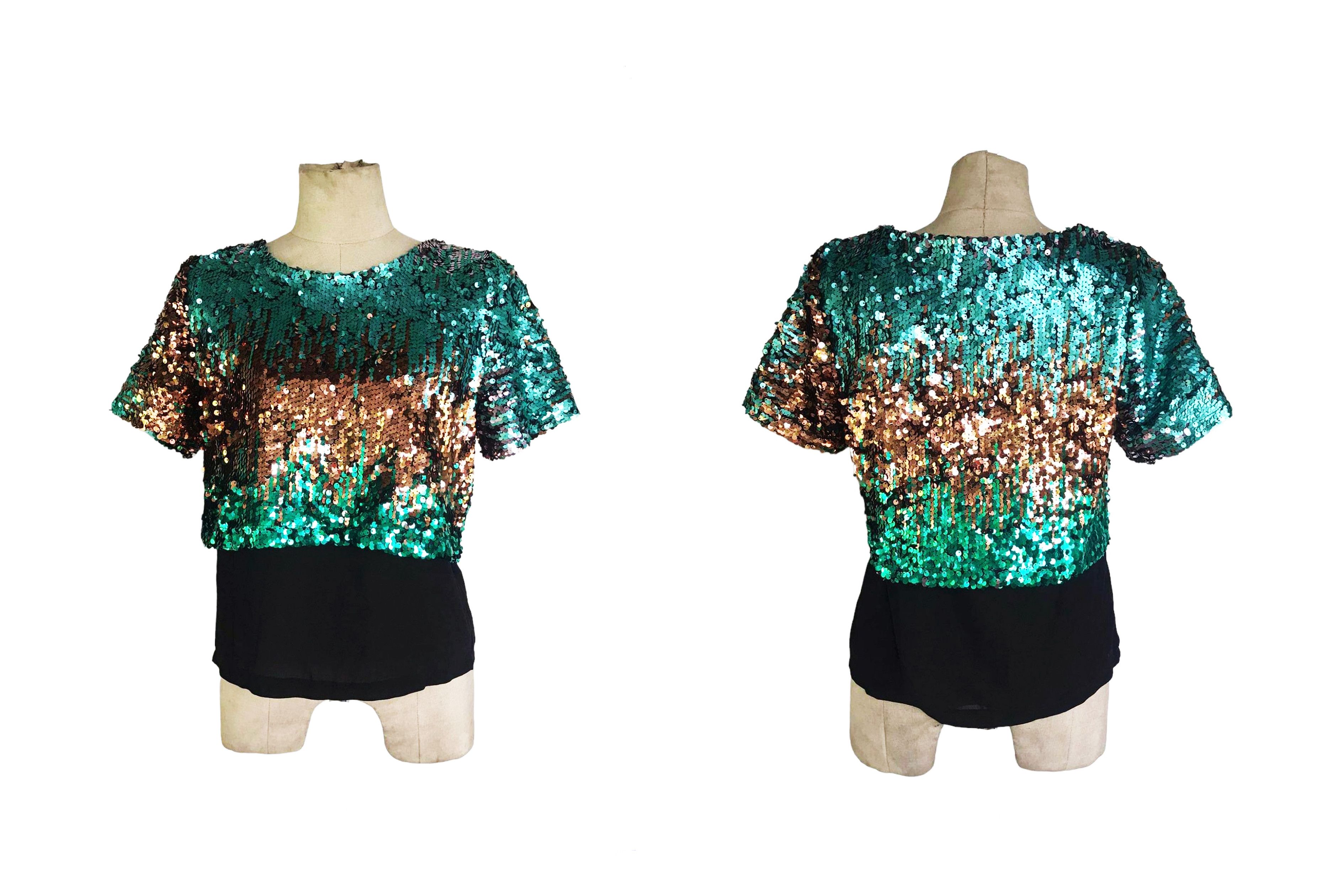 Vintage Green and Bronze sequin Blouse, sheer chiffon layered Size M / US 6-8 / IT 42-44 - 7 Thumbnail