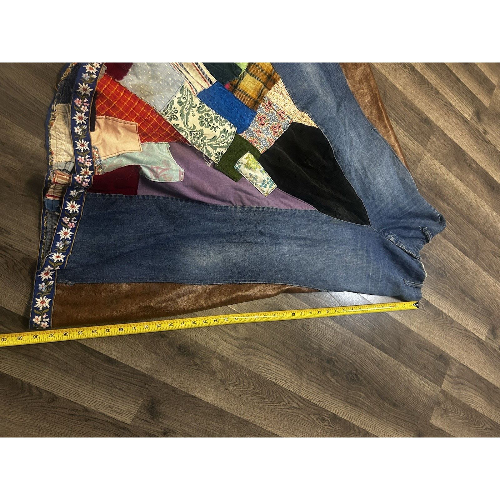 Other Vintage Homemade Denim Leather Velvet Quilted Sewn Skirt Size 26" / US 2 / IT 38 - 20 Thumbnail