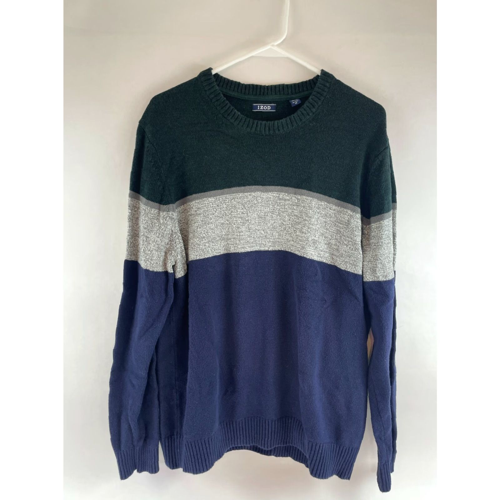 Izod IZOD Sweater Men XL Navy Green Gray Color Blocks Crew Neck Ribbed Edges, Pullover, Regular, Blue, Size XL, Men, Clothing, Modern, Breathable Size US XL / EU 56 / 4 - 2 Thumbnail