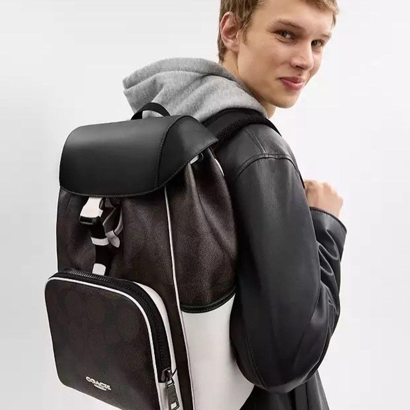 Coach NWT COACH CY775 Racer Backpack Blocked Leather Walnut Chalk Size ONE SIZE - 11 Thumbnail