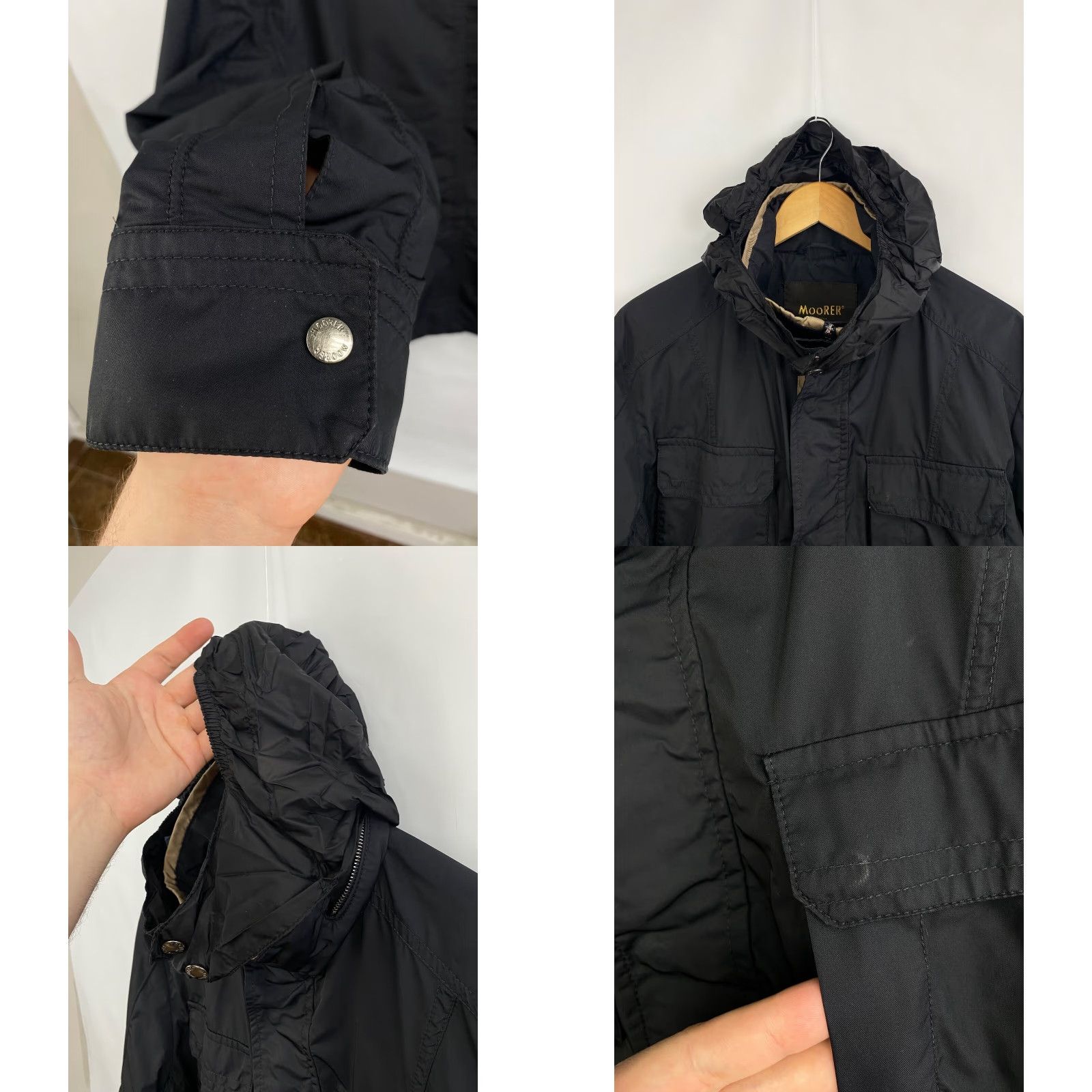 MooRER MOORER Nylon Jacket Retro Dark Blue L Mens Jacket - Size L - Vintage Style Retro Nylon Coat with Hood, Dark Blue, Defect on Buttons Size US L / EU 52-54 / 3 - 10 Thumbnail