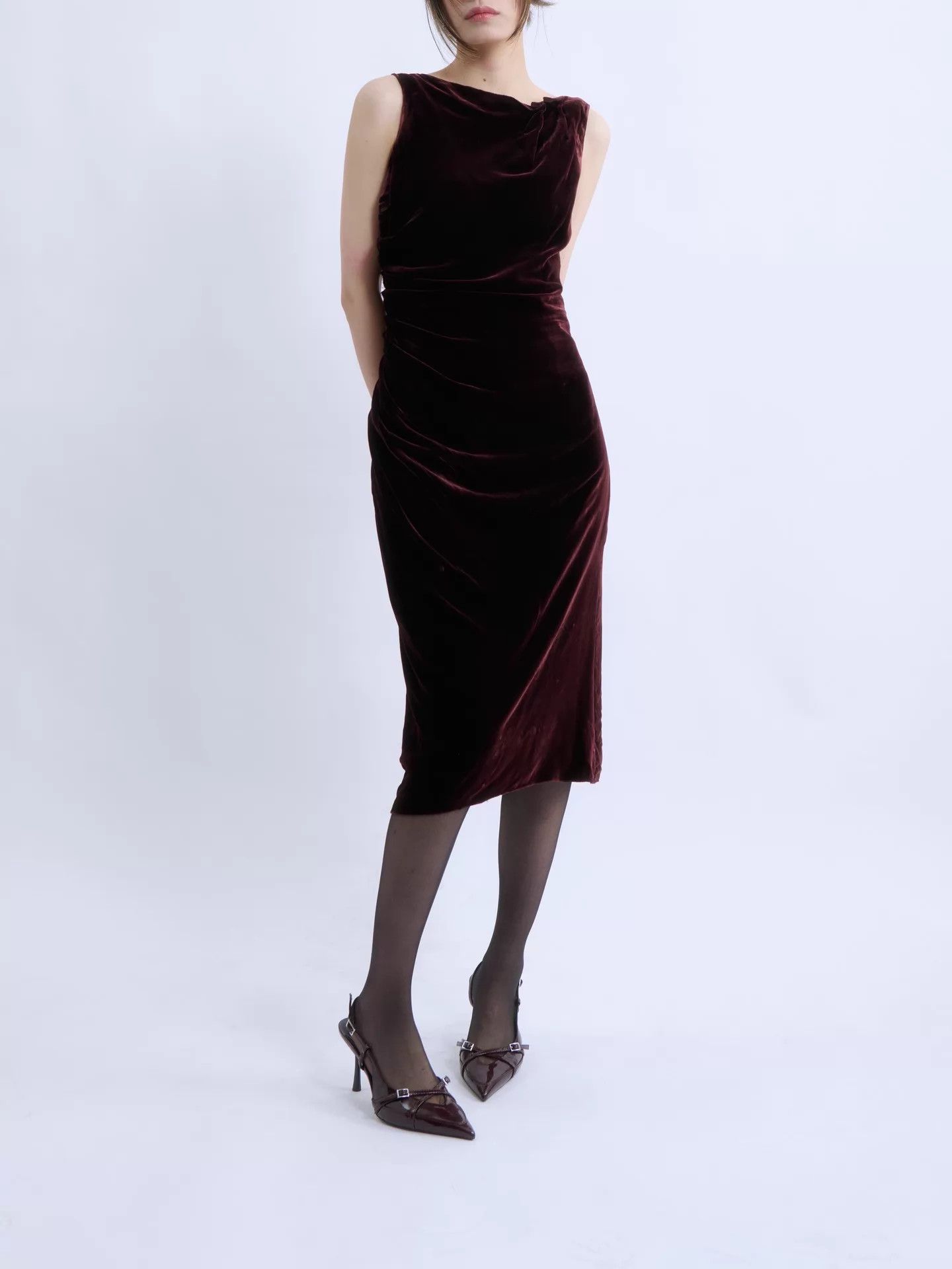 Prada PRADA Wine Red Velvet Asymmetric Pleated Dress Size S / US 4 / IT 40 - 4 Thumbnail