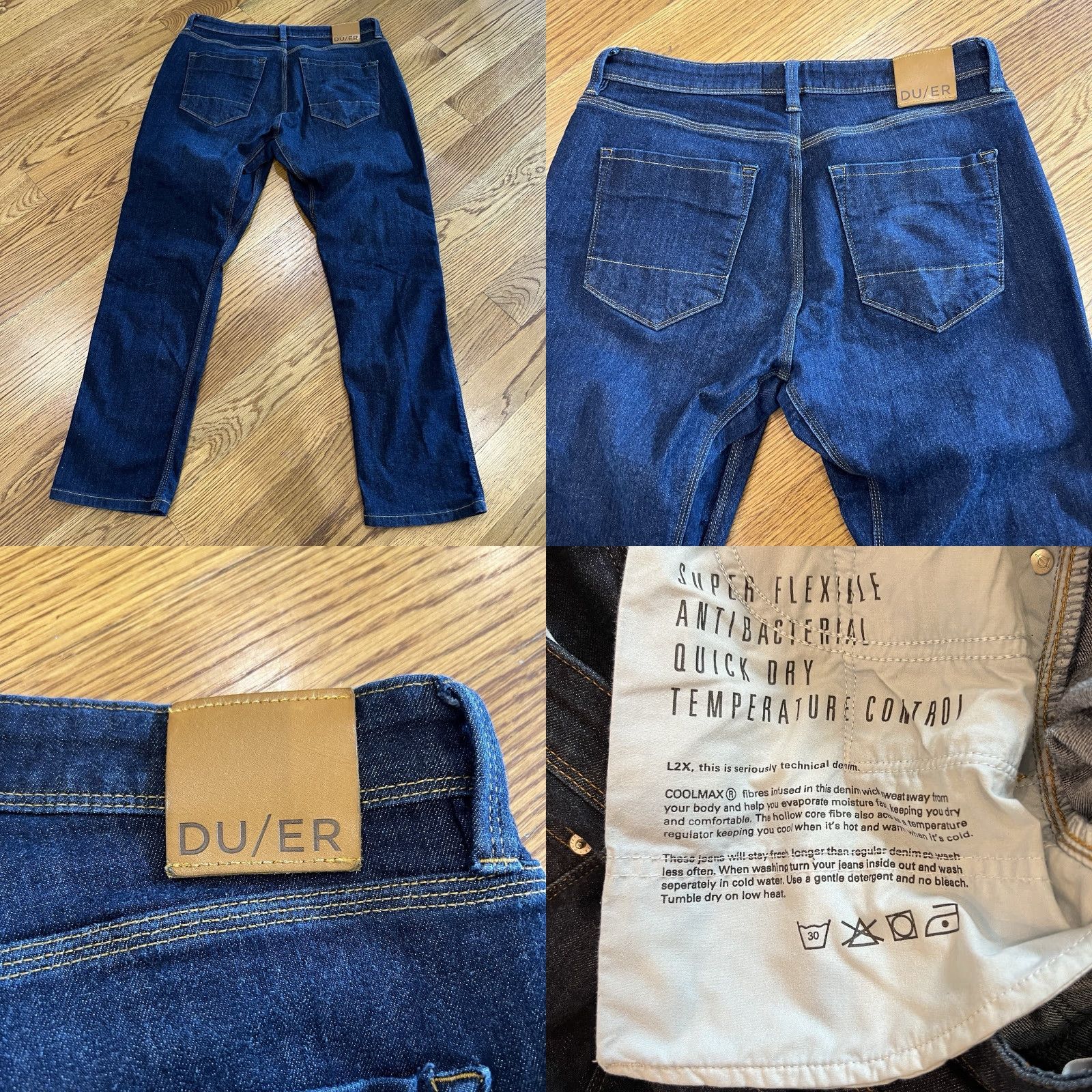 Vintage DU/ER L2X Relaxed Taper Dark Wash Jeans 33x30 Mens 5-Pocket Denim Blue Slimming City Hipster USA Size US 33 - 8 Thumbnail