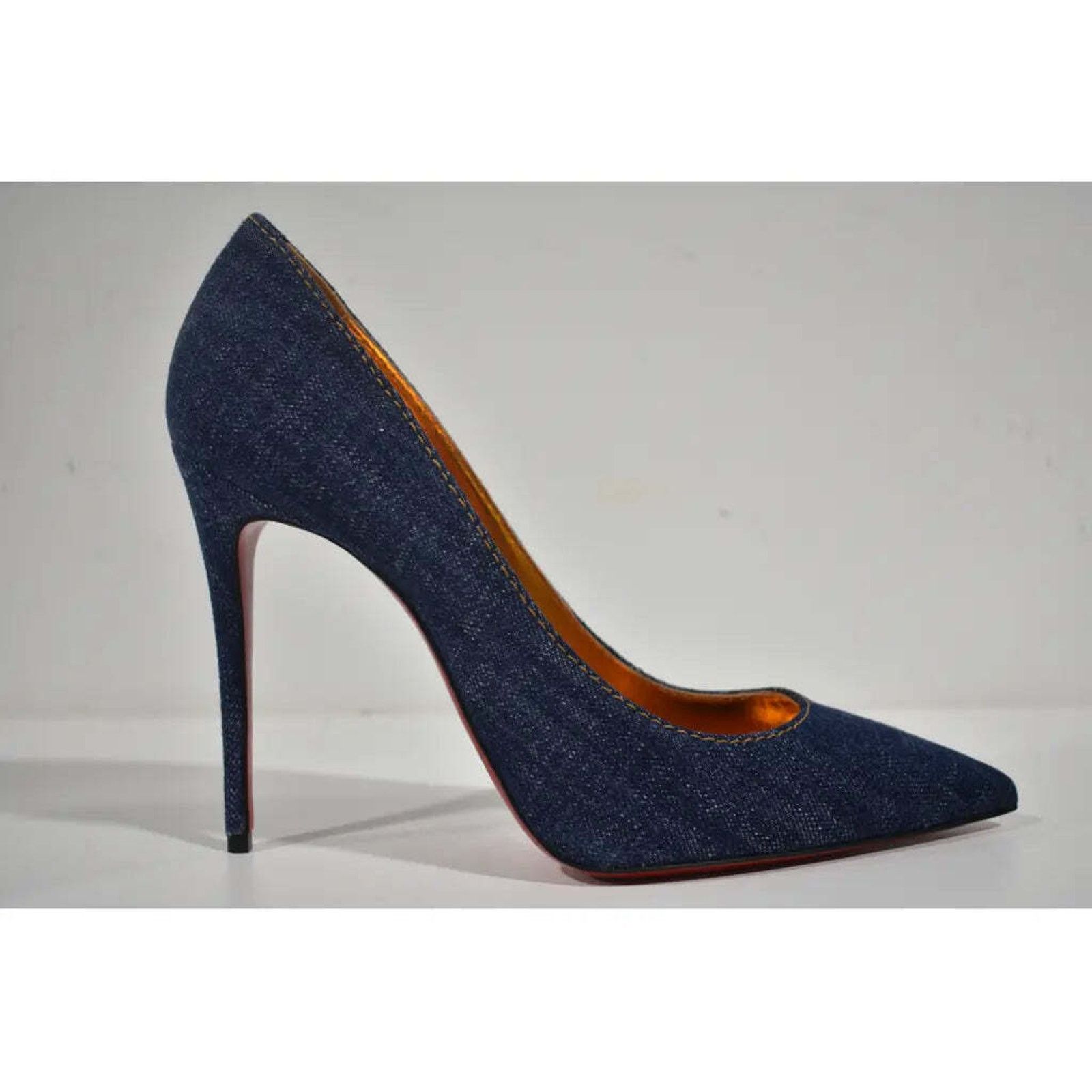 Christian Louboutin Kate 100 Blue Denim Saba Gold Stiletto Pointed Heel Pump 40 Size US 10 / IT 40 - 2 Thumbnail