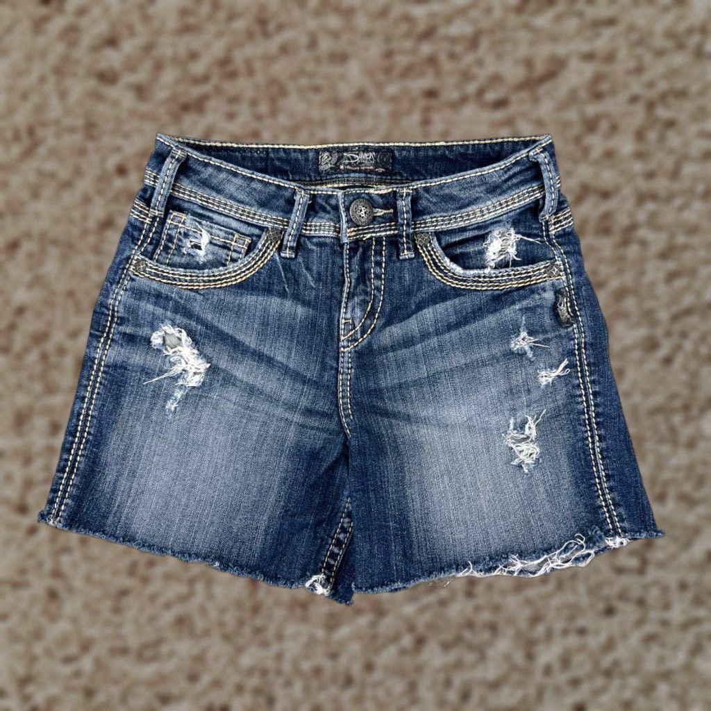Silver Jeans Co. VINTAGE is not applicable; Silver Jeans Short Woman Blue Denim Cut-Off 25x5 5-Pocket Button Closure Mid Rise Distressed stretch Size 42" / US 20 - 1 Thumbnail