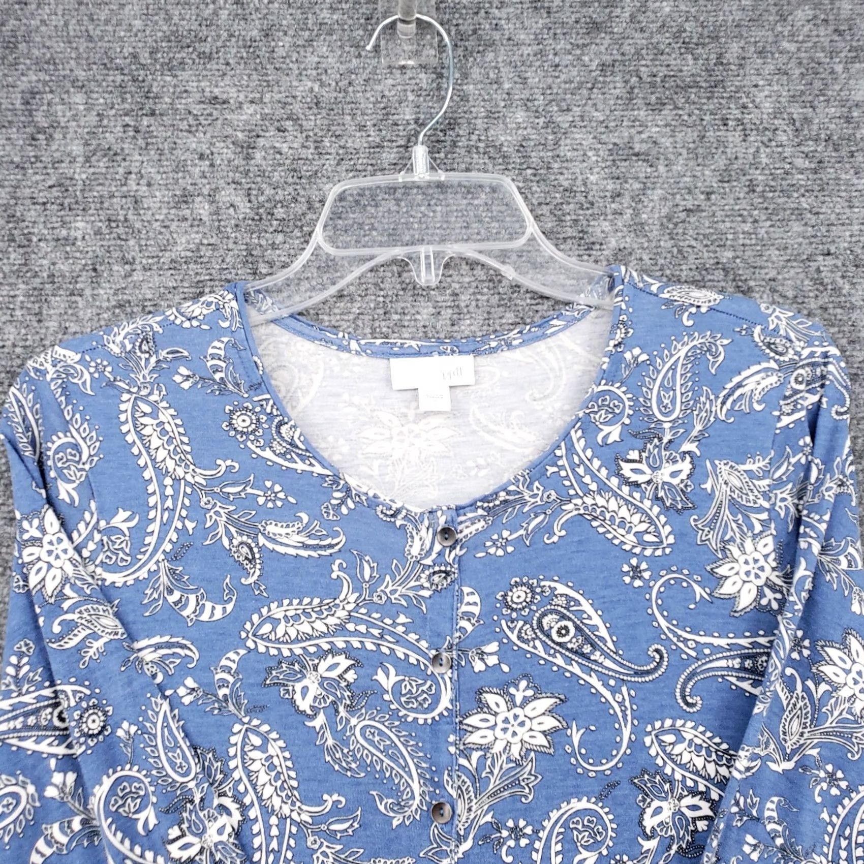 J. Jill J Jill Dress Women S Blue Paisley Mini Tunic Button Up Casual Boho A-Line Sleeve 3/4 Length Round Neck Knit Rayon Tencel Lyocell Short Vintage No Size S / US 4 / IT 40 - 3 Thumbnail