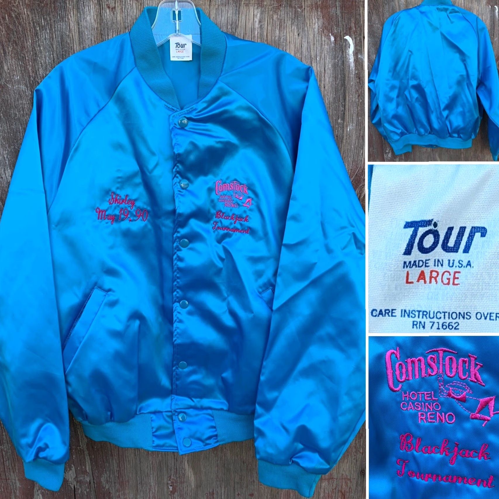 Vintage VINTAGE Tour Satin Jacket Unisex Adults L Blue Nylon Lining Embroidered 1990s 80s Casual Travel Pockets Snap Closure Size US L / EU 52-54 / 3 - 6 Thumbnail