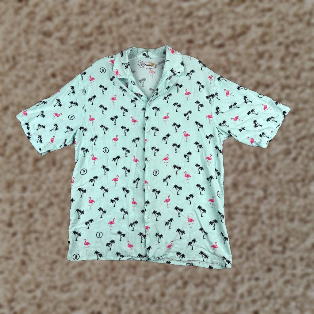 Vintage Select Shirt Mens Medium Blue Hawaiian Flamingo Palm AOP Rayon Button-Up Floral Resort Luau Aloha Size US M / EU 48-50 / 2 - 1 Thumbnail