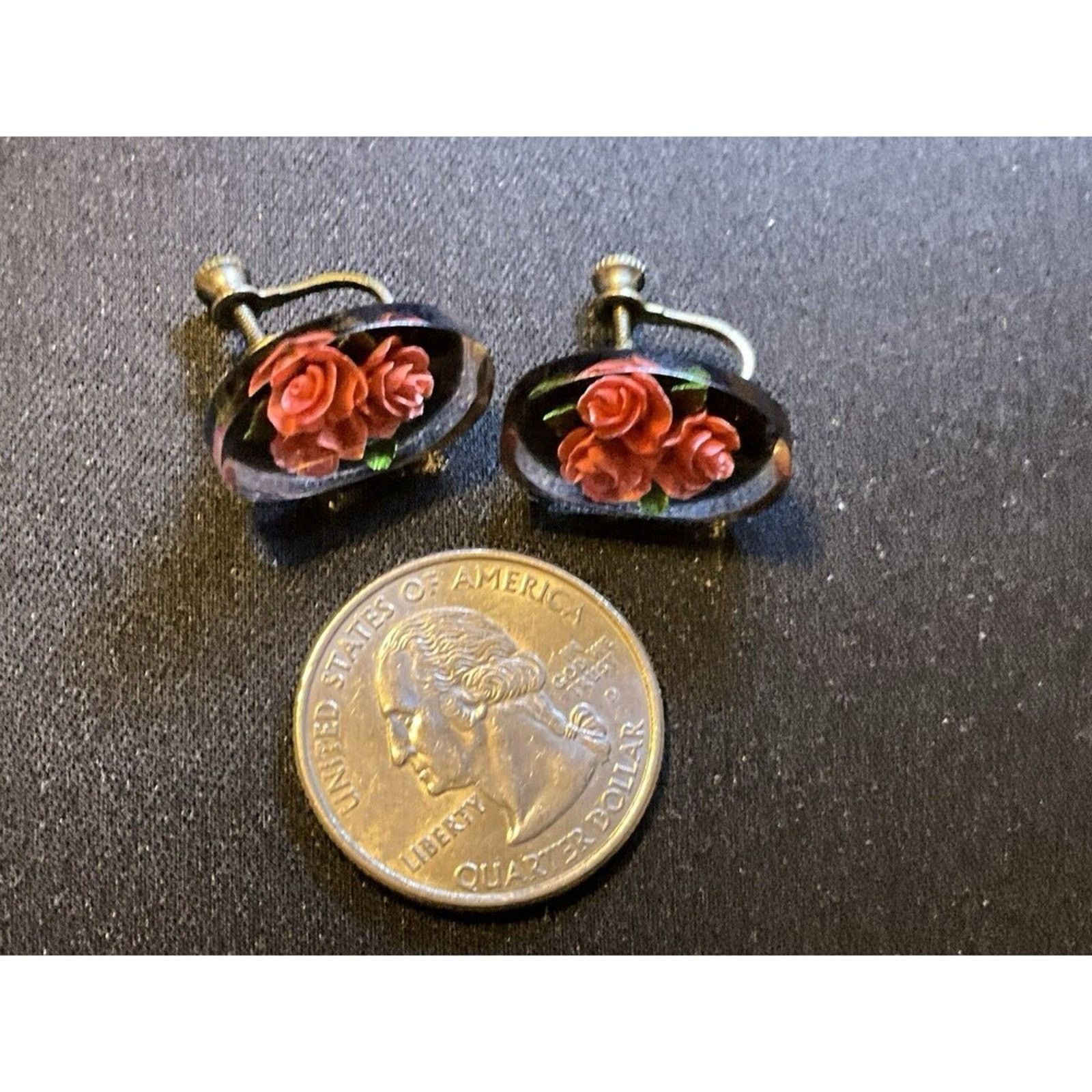 Other Vintage Reverse Carved Roses Under Resin 1930’s Screw Back Size ONE SIZE - 3 Thumbnail