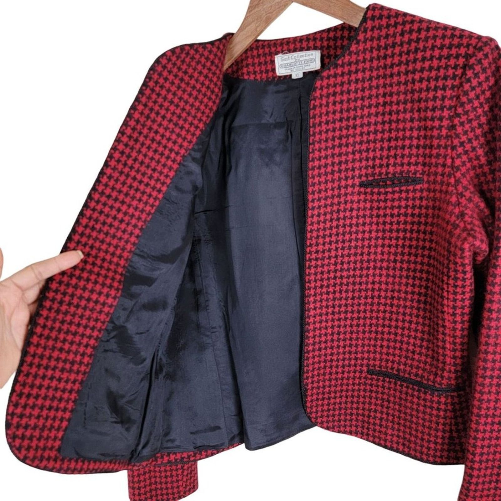 Vintage Charlotte Ford Vintage Womens Houndstooth Wool Open Blazer Size L / US 10 / IT 46 - 3 Thumbnail