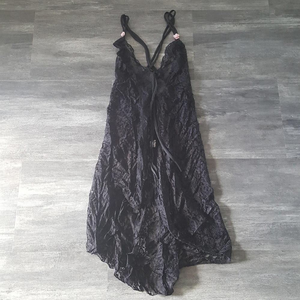 Designer Black Pink Rose Detailed Long Lingerie Nightie Size ONE SIZE - 3 Thumbnail