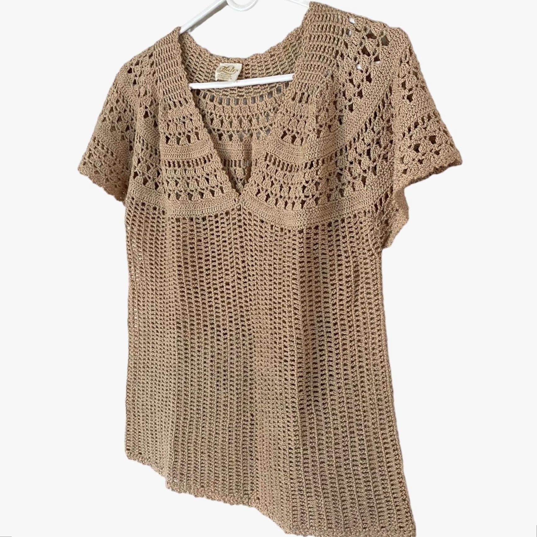 Vintage VINTAGE Flair Boho Crochet Knit V-Neck Blouse Womens Medium Short Sleeve Top Tan Beige Cotton Size M / US 6-8 / IT 42-44 - 2 Thumbnail