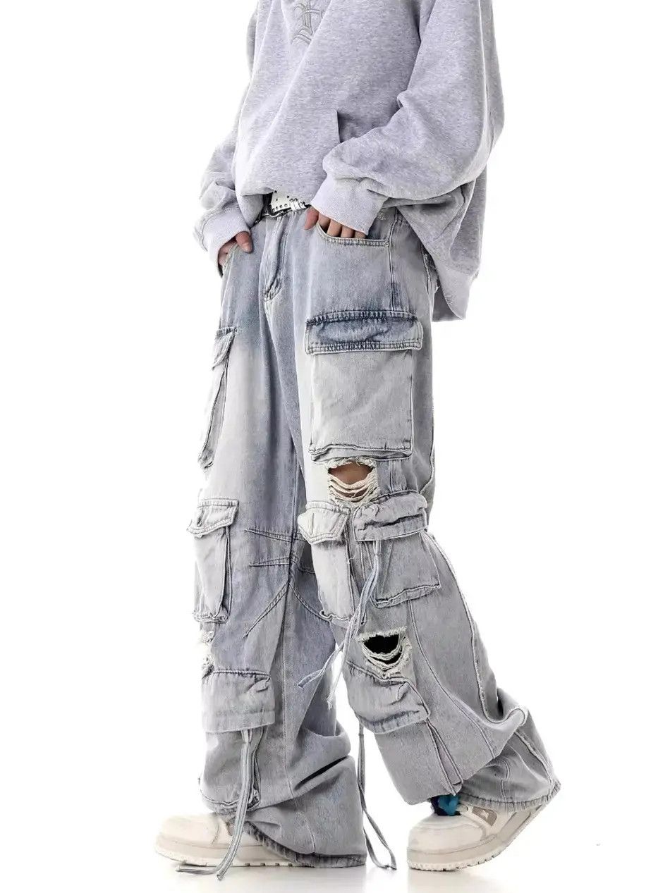 Japanese Brand Street Hip Hop Grunge Ripped Wide Leg Jeans Pants Size US 32 / EU 48 - 2 Thumbnail