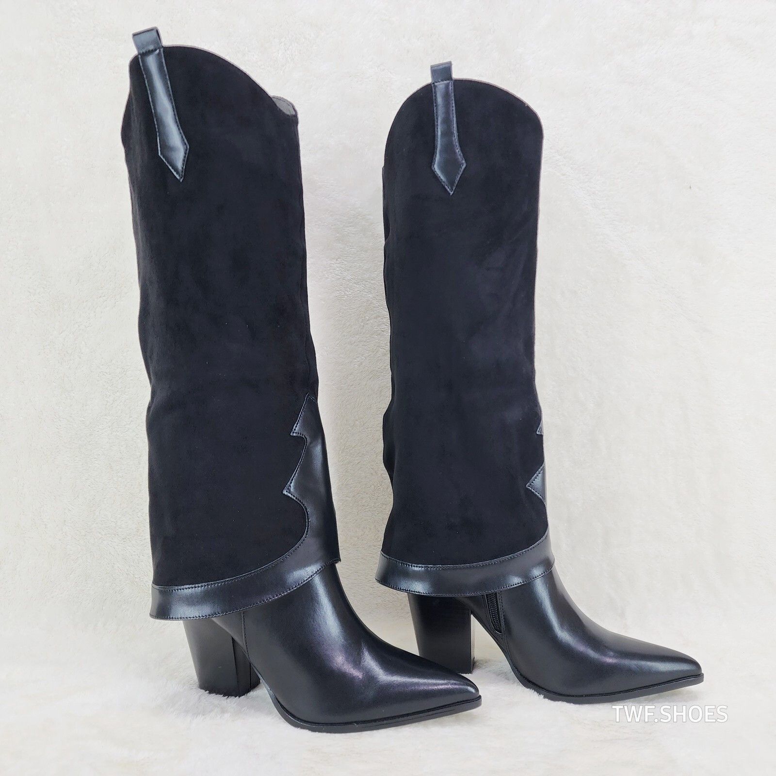 Other Branded Black Skirted Fold Over Western Knee High Cowgirl Bo Size US 7.5 / IT 37.5 - 3 Thumbnail