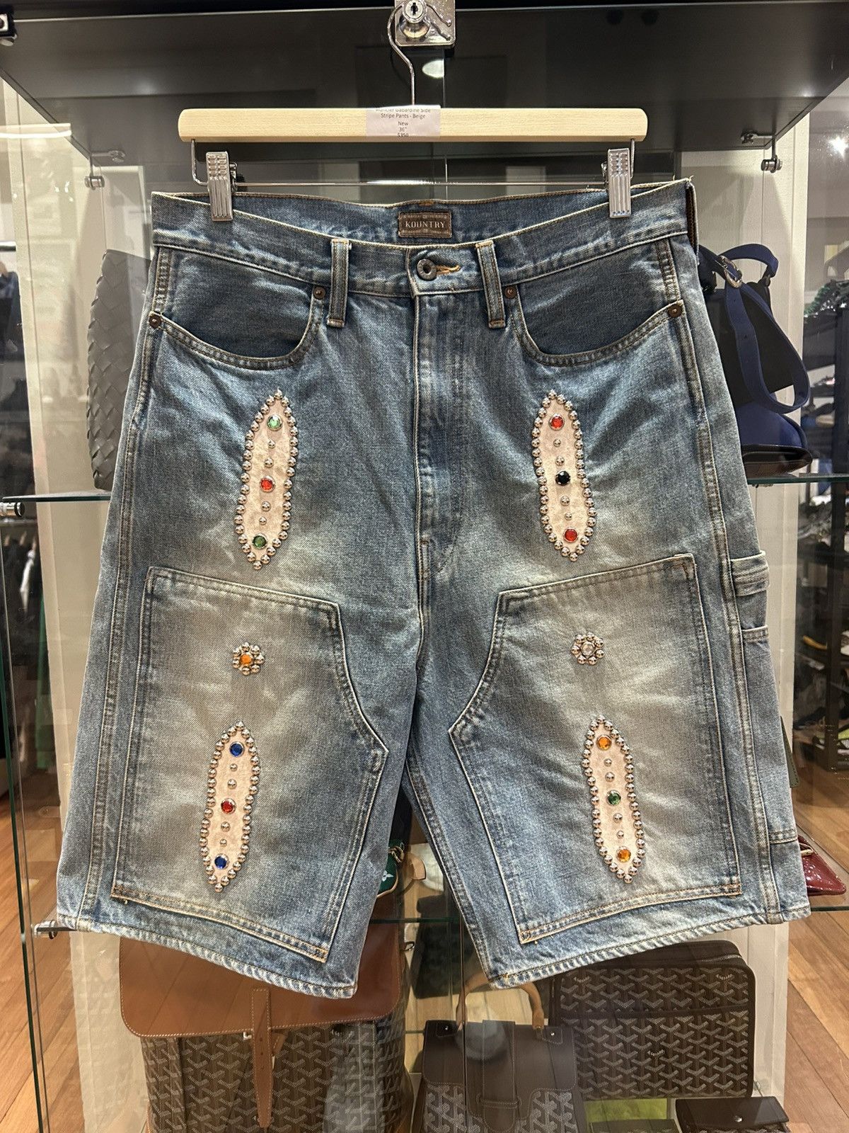Short Jean Kapital Cargo Double Genou Pierres Précieuses - Taille 34, Fabriqué Au Japon, Neuf Avec Imperfection