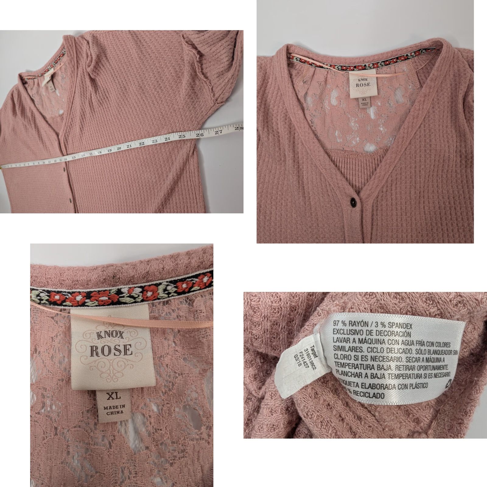 Vintage Knox Rose Women’s Pink Waffle Knit Thermal Tie Front Long Sleeve Lace Top XL Blouse Size XL / US 12-14 / IT 48-50 - 8 Thumbnail