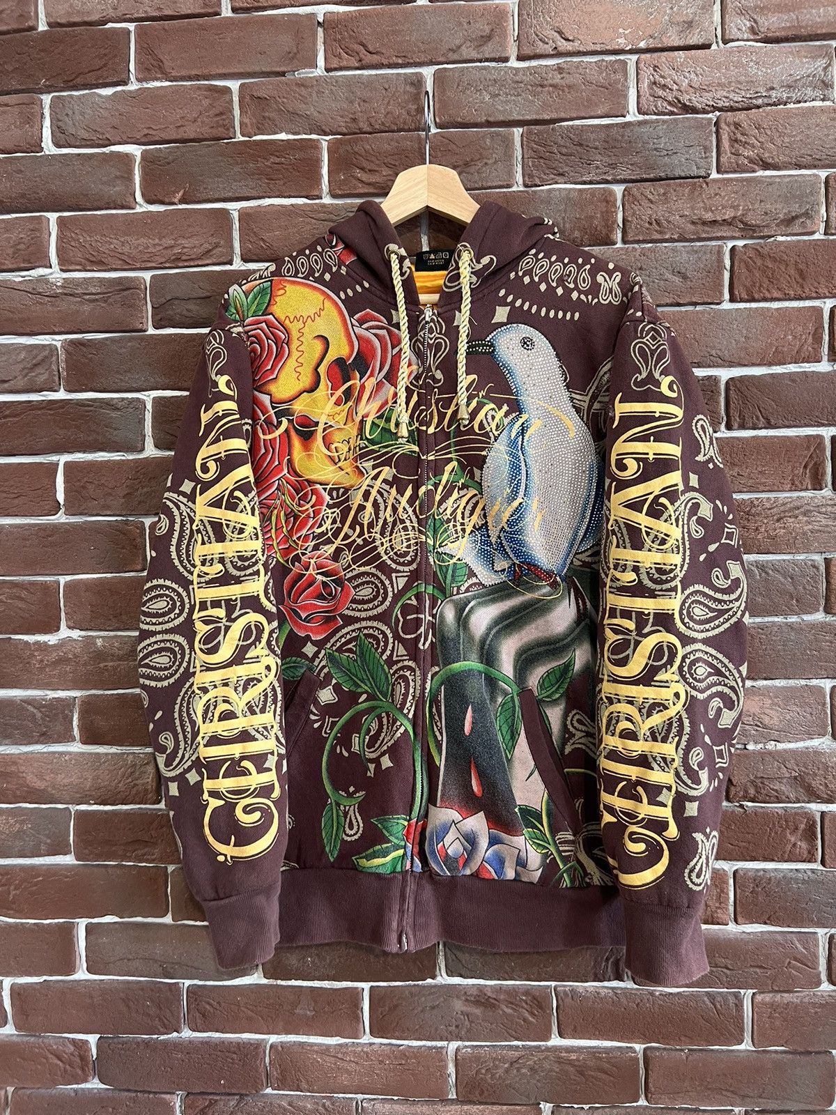 image of Christian Audigier x Ed Hardy Vintage Y2K Ed Hardy Audigier Brown Hoodie Streetwear, Men's (Size XL