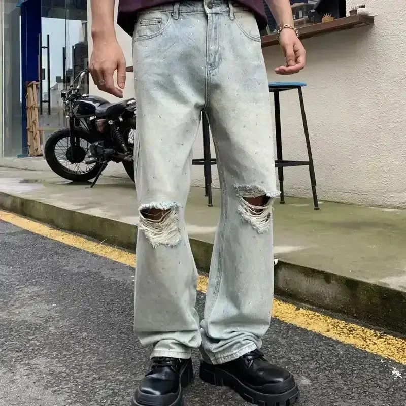 Japanese Brand Ripped On Knee Baggy Jeans Vintage Blue Full Crystal Printed Size US 32 / EU 48 - 1 Thumbnail