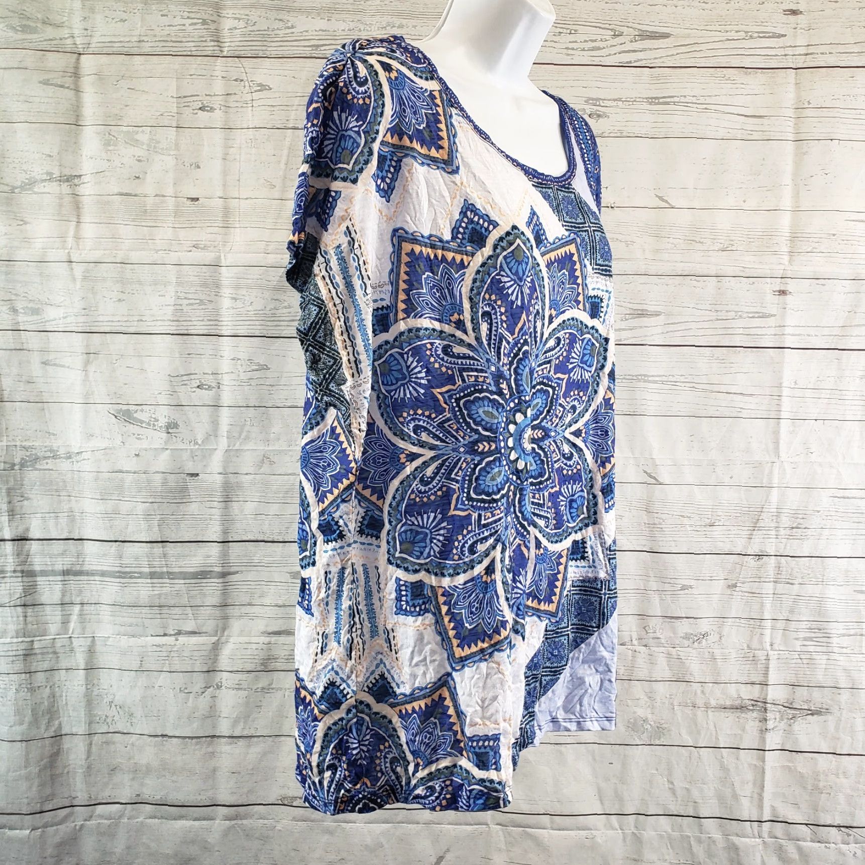 Vintage Chico's Womens Top Blouse Short Sleeve Scoop Neck Blue White Mandala Print Size L Large Shirt Ladies Mens Womens Size L / US 10 / IT 46 - 3 Thumbnail