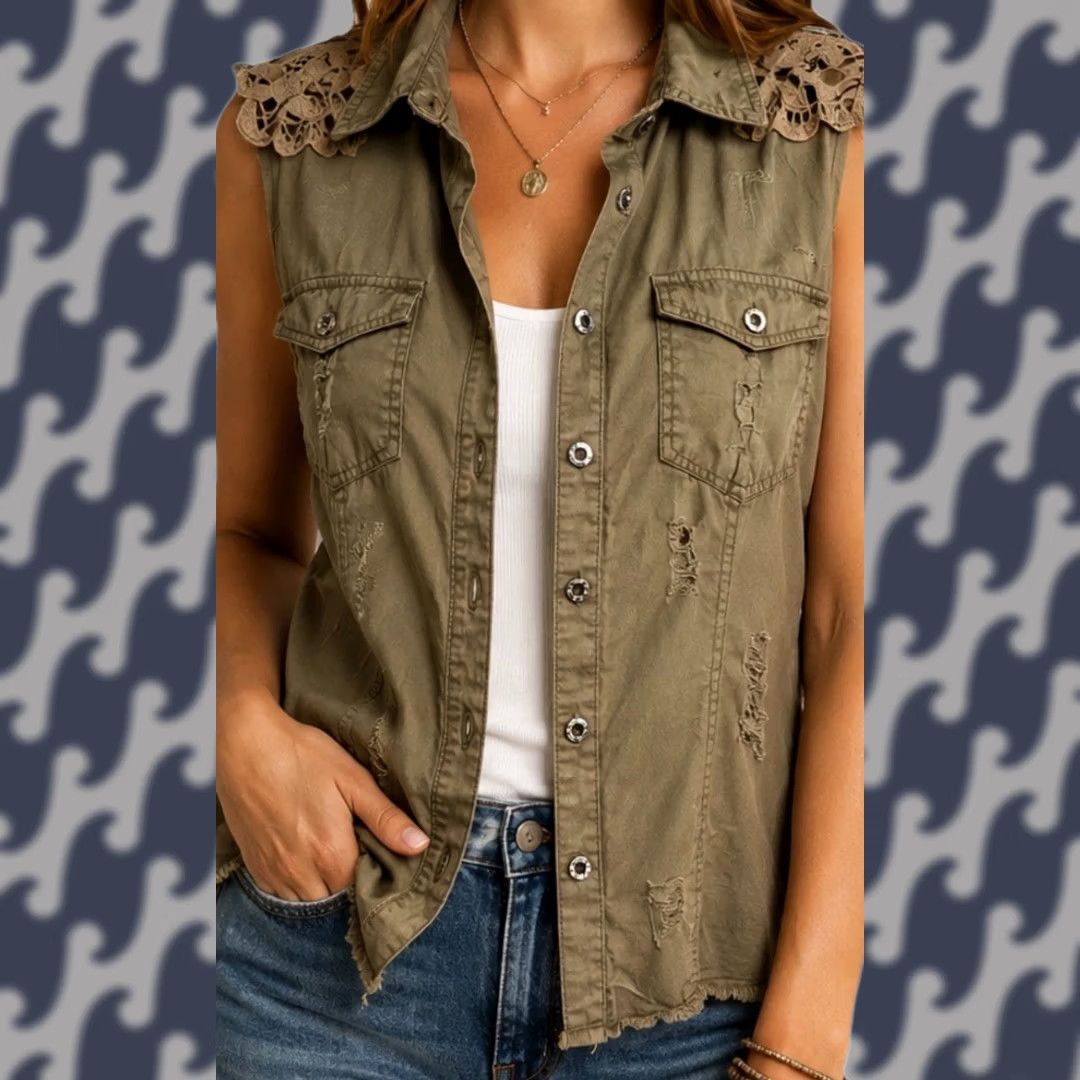 BKE BKE Women’s Utility Vest Distressed Olive Green Sleeveless Button Up Boho Size L Size L / US 10 / IT 46 - 1 Thumbnail
