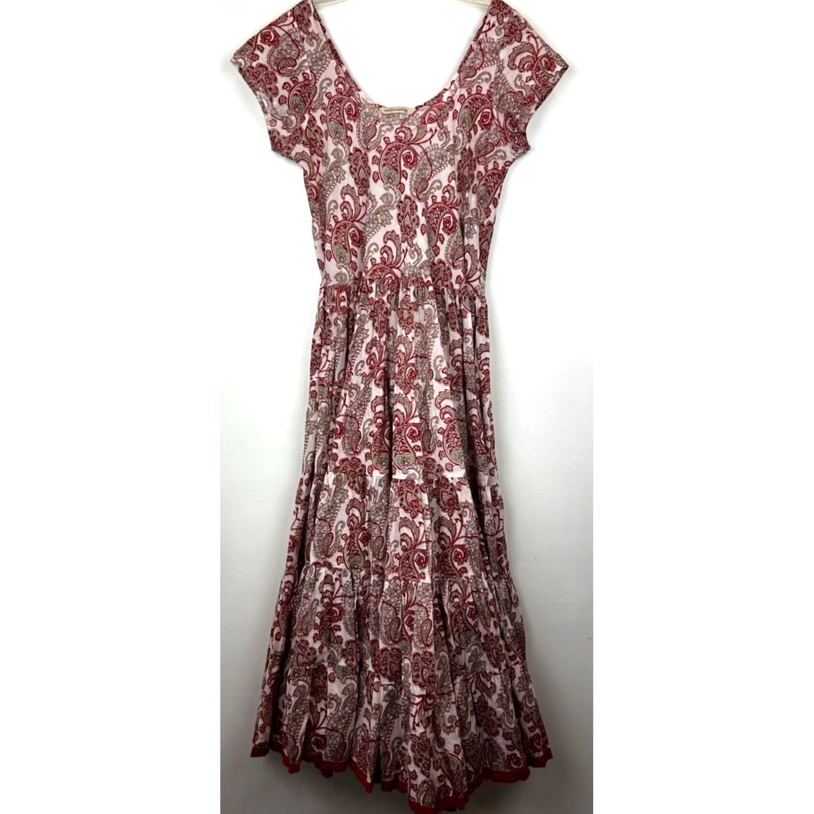 Soft Surroundings Soft Surroundings Dress Womens S Midi Paisley Boho Red Short Sleeve Cap Neck Scoop Ruffle Vintage? No, Regular Fit & Flare Size S / US 4 / IT 40 - 2 Thumbnail