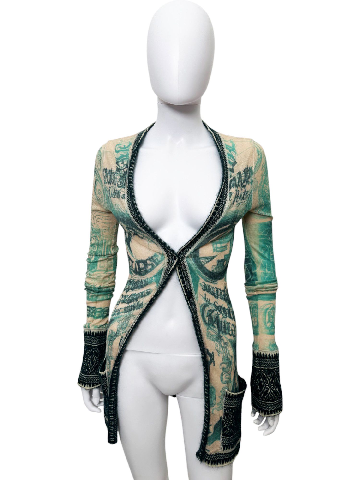 Jean Paul Gaultier 90's Tribal Acqua Green Wool Cardigan Size L / US 10 / IT 46 - 1 Thumbnail