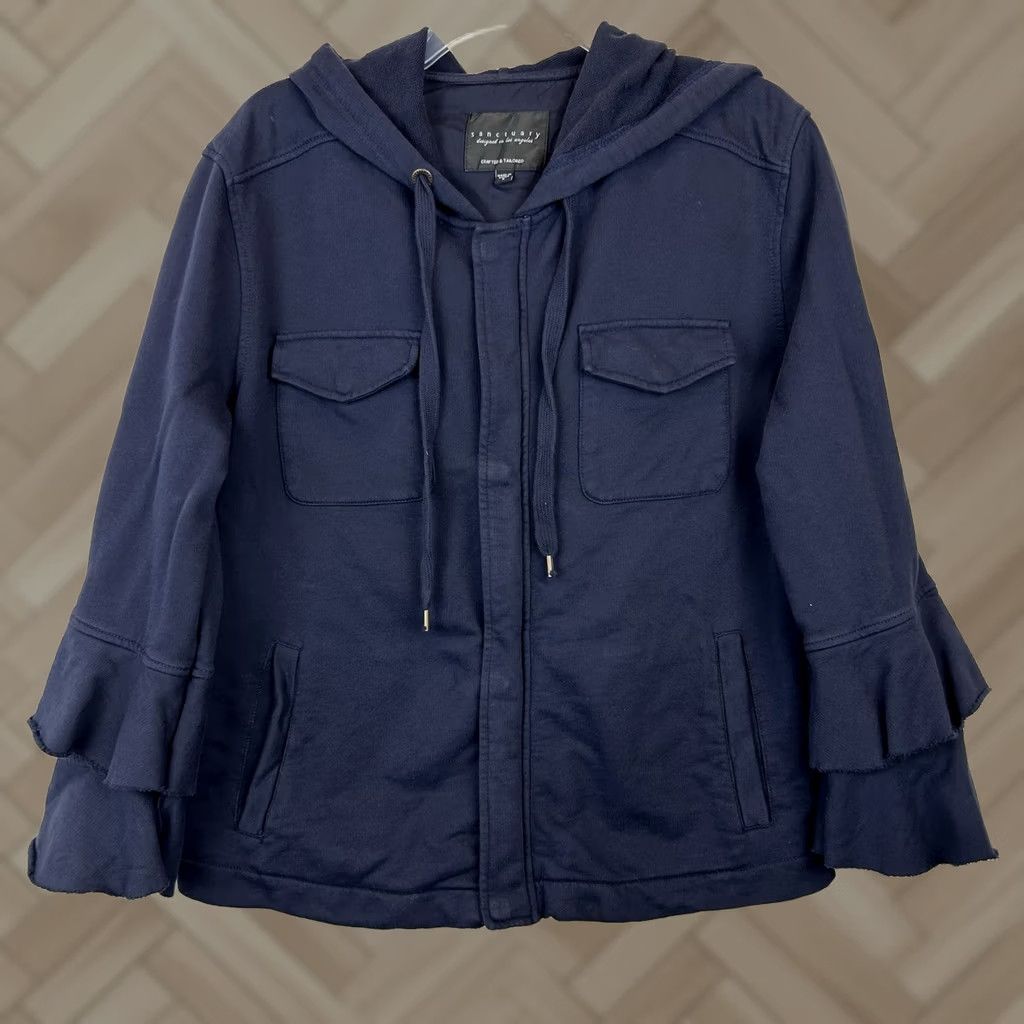 Sanctuary Sanctuary Hooded Jacket Womens Small Regular Fit Navy Blue Ruffle Sleeve Zip All Seasons Fall Spring Summer Winter Jacket Size S / US 4 / IT 40 - 1 Thumbnail